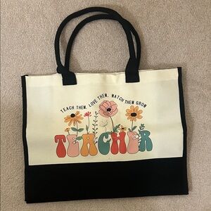 Floral Teacher Tote Bag - Black and Cream